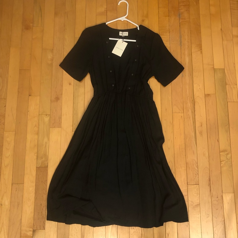 Anthropologie PEPALOVES Boutique Chic Black Square Neck Button Front Midi Dress